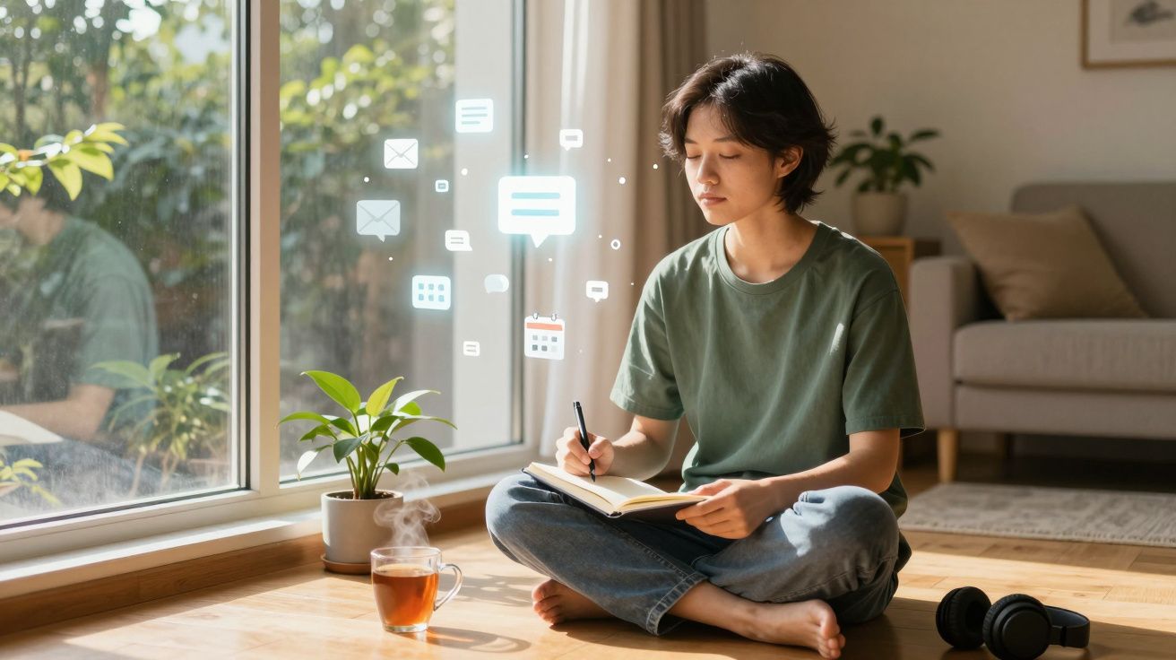 Pessoa jovem a escrever num caderno sentada no chão, com chá e plantas junto a uma janela grande.