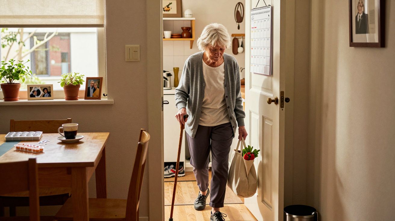 Idosa a caminhar com bengala e saco ecológico pela casa, luz natural através da janela na cozinha.