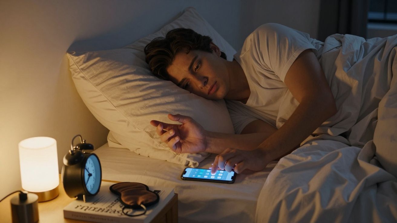 Jovem deitado na cama à noite, olhando para o telemóvel com luz suave de candeeiro ao lado.