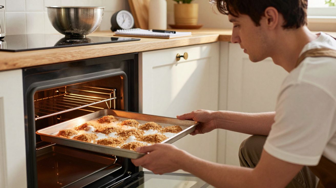 Homem a colocar tabuleiro com bolachas no forno numa cozinha moderna e bem iluminada.