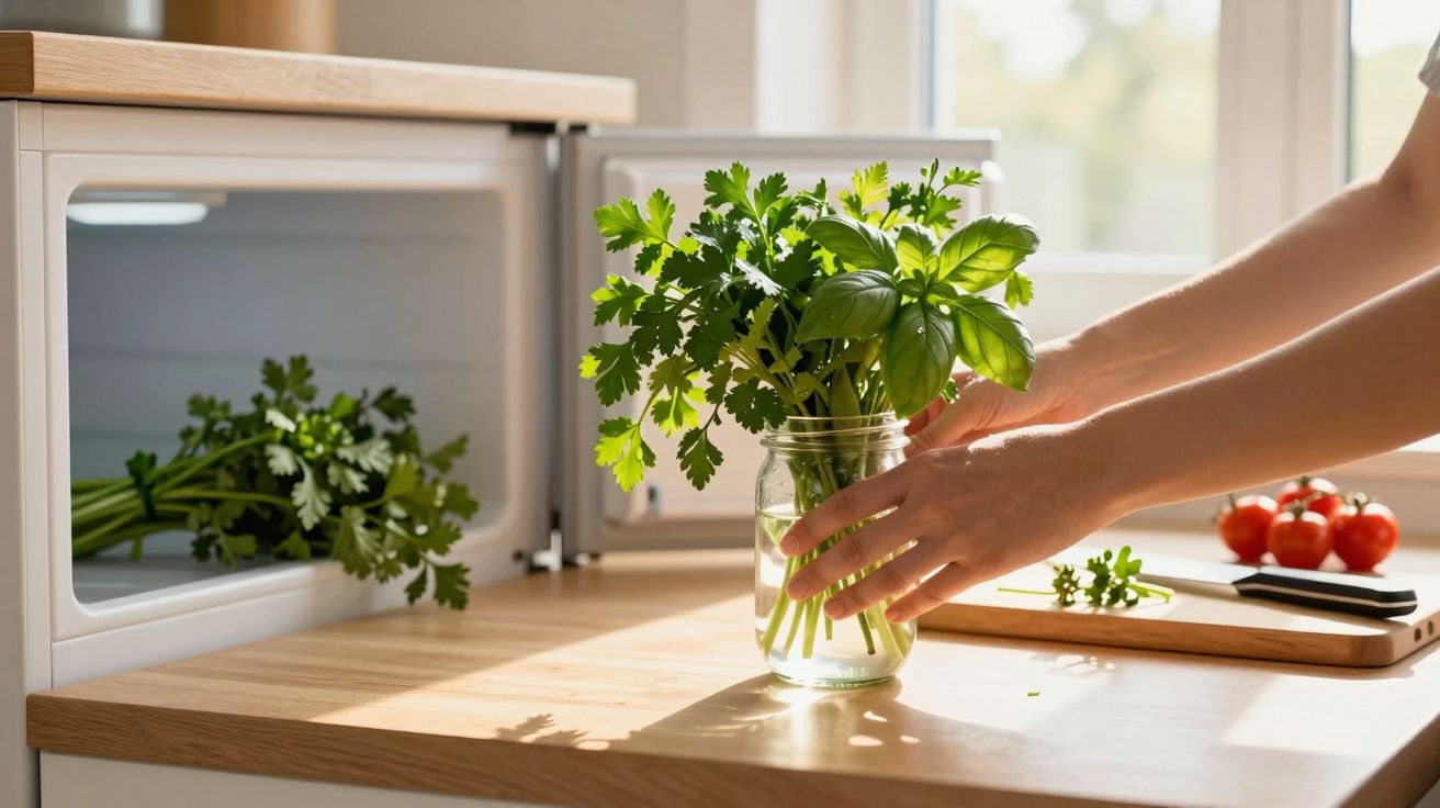Mãos a colocar ervas frescas num frasco com água numa cozinha luminosa com tomates cherry ao fundo.