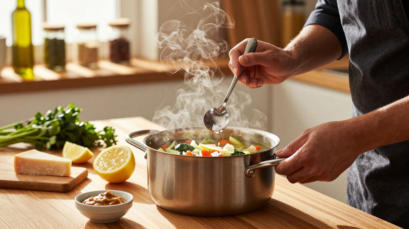 Pessoa a temperar sopa quente com legumes numa panela de inox numa cozinha iluminada.