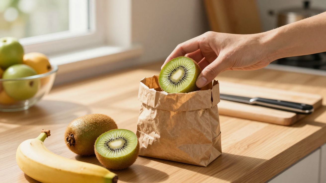 Mão a colocar kiwi cortado ao meio num saco de papel numa bancada de cozinha com fruta ao lado.