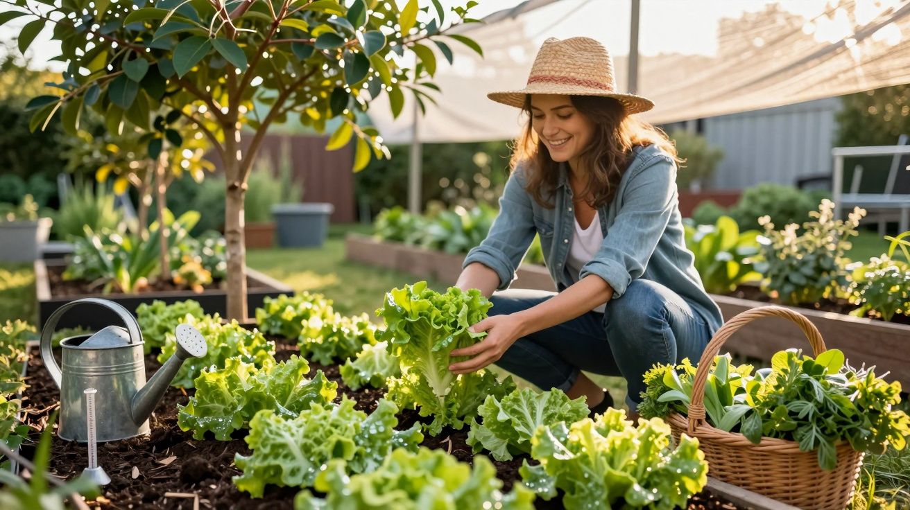 Mulher sorridente a colher alface numa horta caseira com regador e cesta de ervas ao lado.