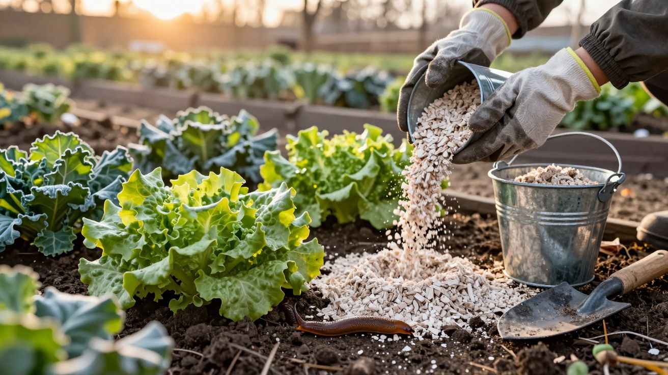 Mãos com luvas a deitar fertilizante em canteiro onde crescem alfaces verdes e há uma minhoca na terra.