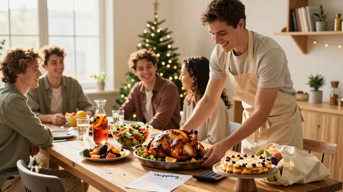 Jovem a servir peru assado numa mesa de Natal com amigos sentados e árvore decorada ao fundo.
