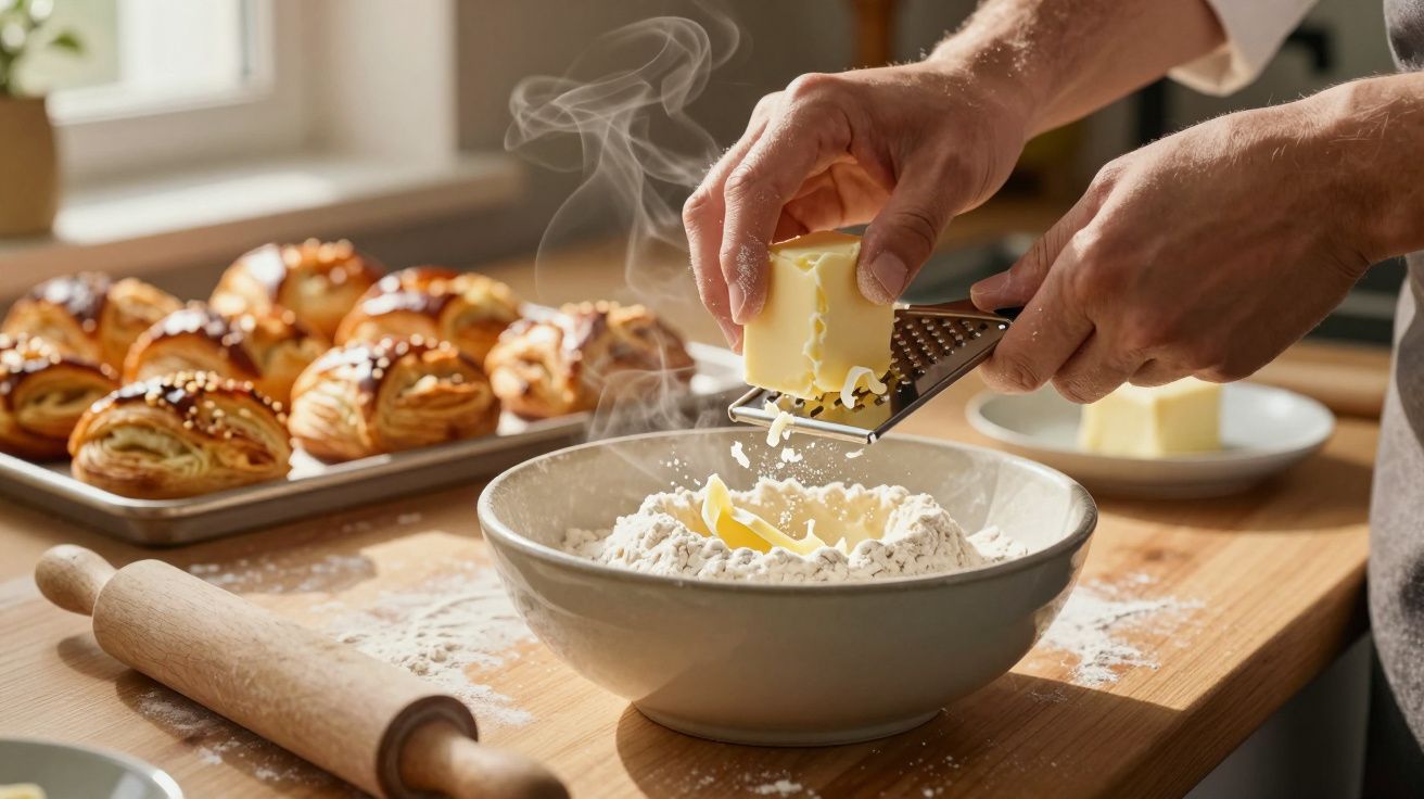 Mãos a ralar manteiga sobre farinha num recipiente, com folhados num tabuleiro ao fundo e um rolo de massa na bancada.