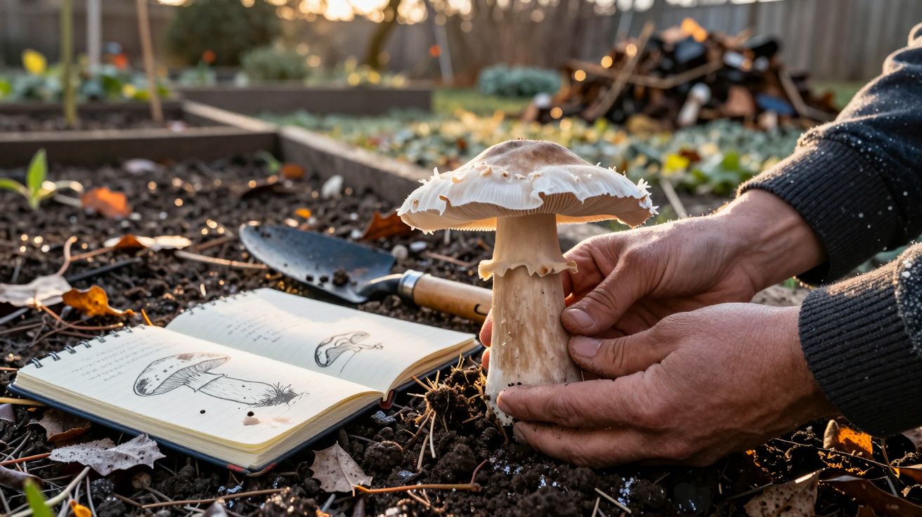 Mãos a segurar um cogumelo grande no jardim, com um caderno de ilustrações de cogumelos e uma pá no chão.