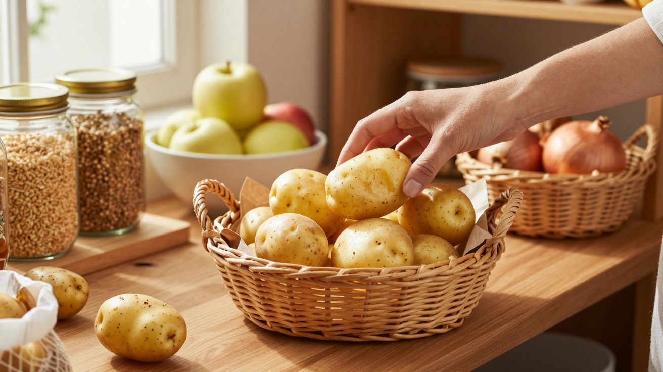 Mão a pegar batata num cesto de vime numa cozinha com frutas e legumes sobre a bancada de madeira.
