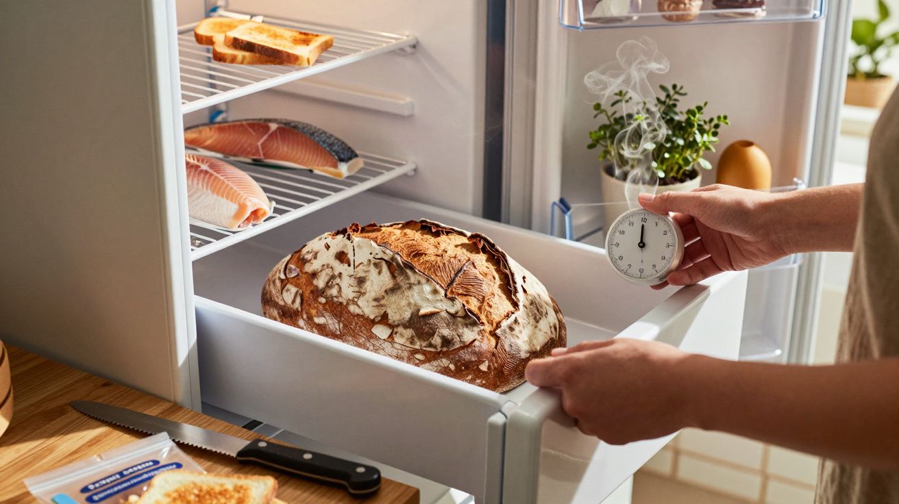 Mãos colocam um cronómetro num tabuleiro de frigorífico com pão grande, com salmão e torradas na prateleira acima.