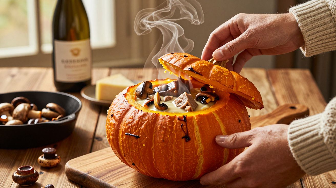 Abóbora recheada com sopa cremosa, cogumelos e carne, com vapor a sair, numa tábua de madeira.