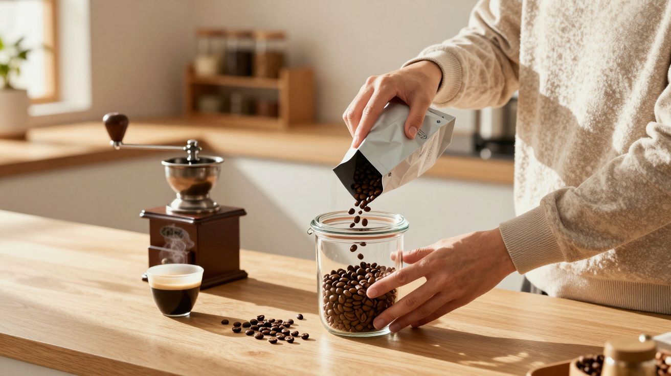 Pessoa a colocar grãos de café num frasco de vidro, com moinho de café e chávena numa bancada de cozinha.
