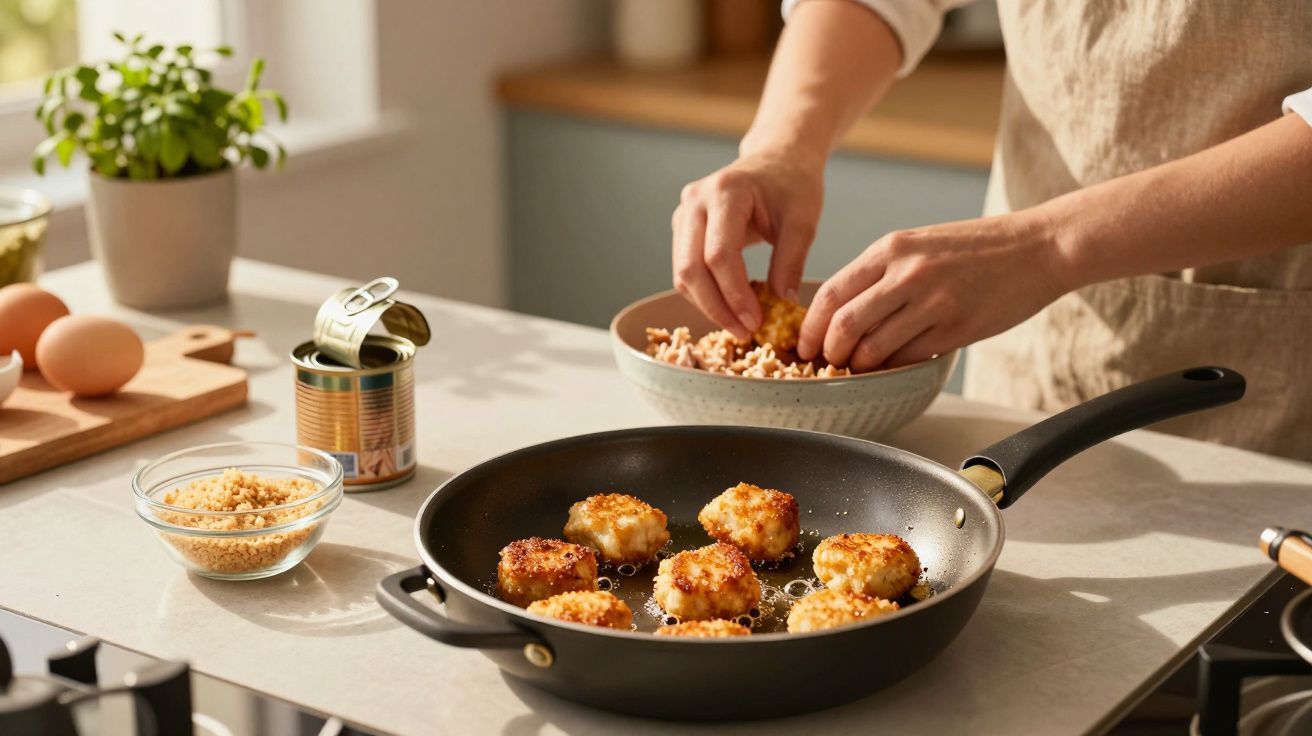 Pessoa a fazer almôndegas empanadas e a fritá-las numa frigideira numa cozinha iluminada.