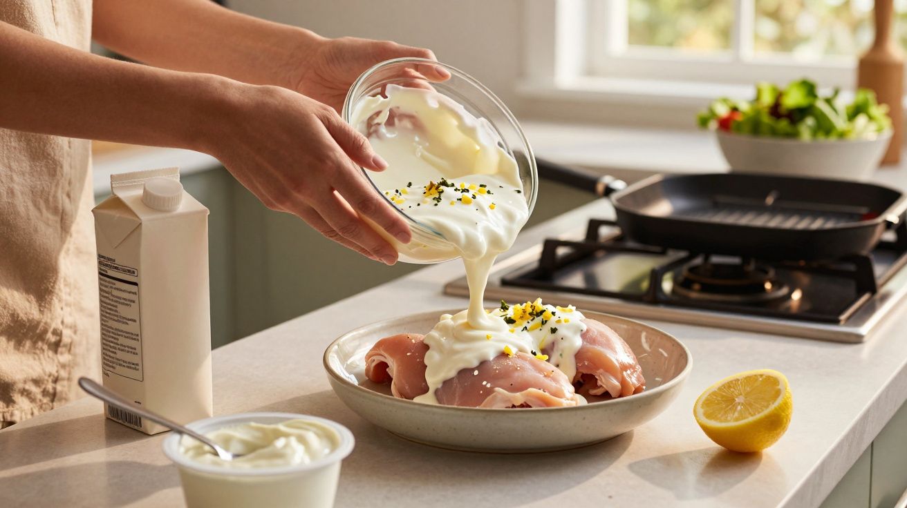 Pessoa a deitar molho branco e temperos sobre peito de frango numa taça na cozinha.