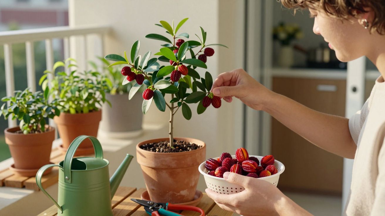 Pessoa a apanhar frutos vermelhos de uma planta em vaso, com regador e tesoura de poda numa mesa de madeira.
