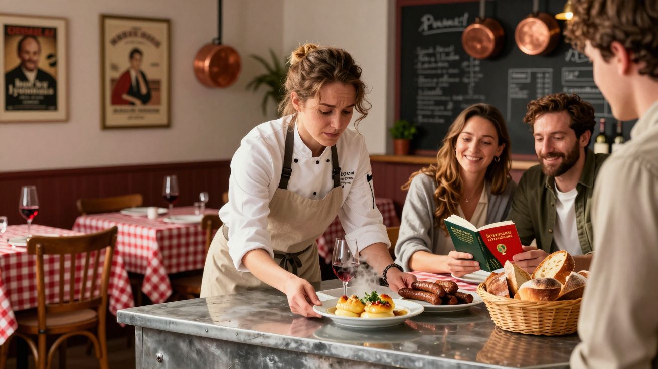 Garçonete serve comida a clientes sentados no balcão de restaurante com decoração tradicional e toalhas às quadrados vermelha