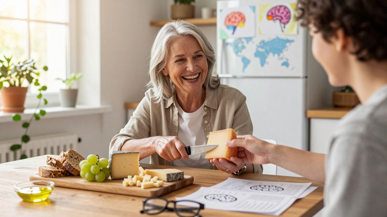 Pessoa idosa a cortar queijo e a oferecer a outra numa cozinha iluminada e acolhedora.