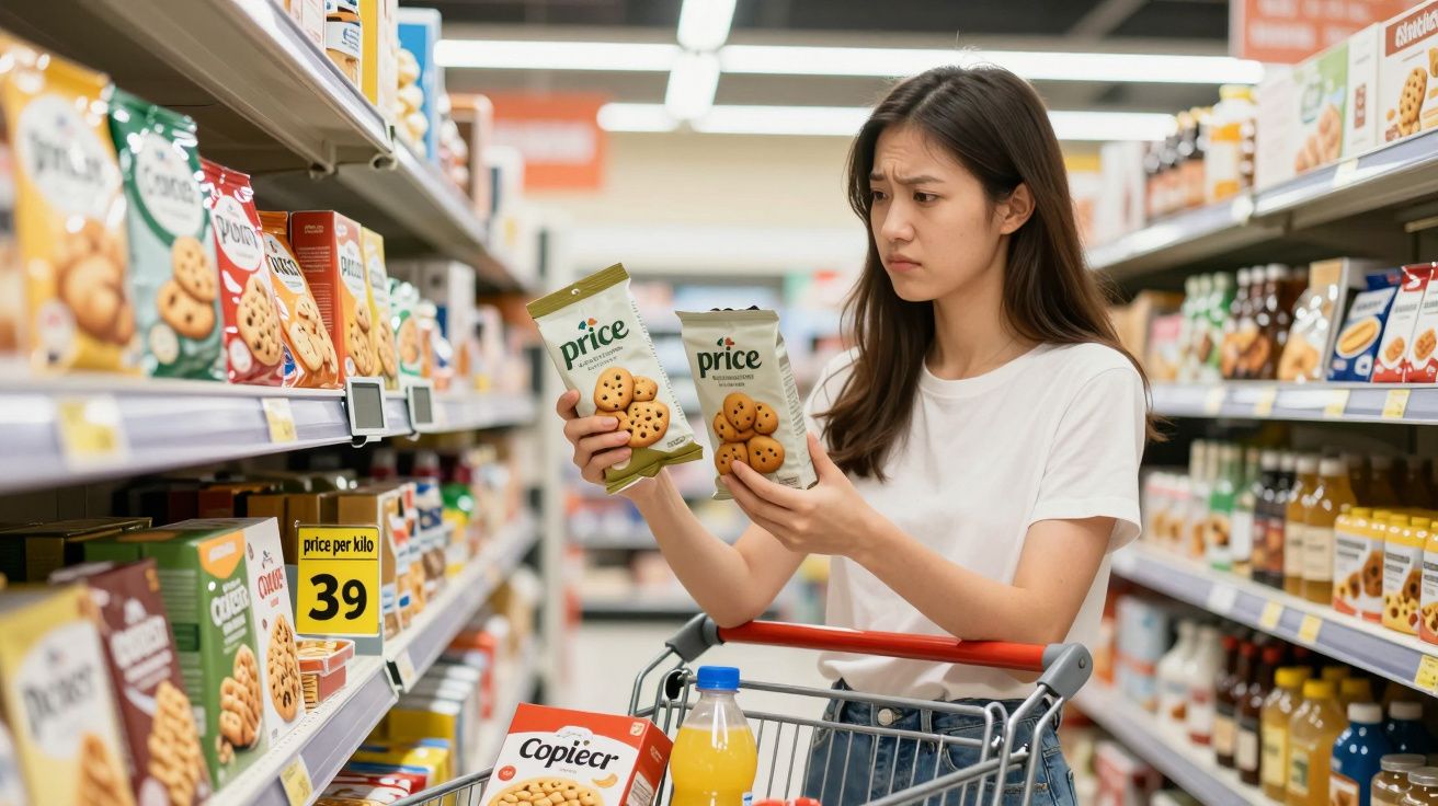 Mulher jovem a analisar duas embalagens de bolachas num supermercado, com carrinho de compras.