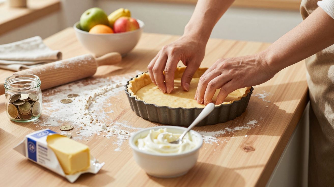 Mãos a preparar massa numa forma, com manteiga, creme, rolo e frutas numa bancada de madeira.