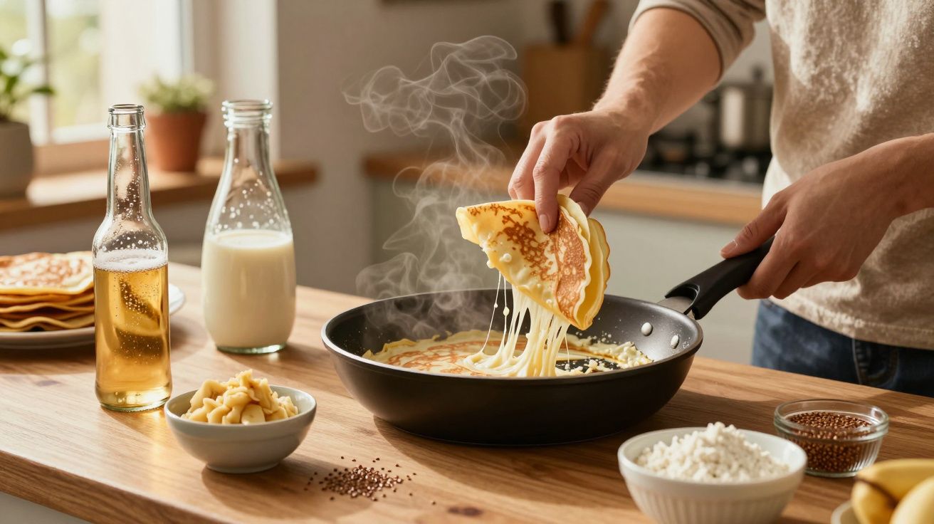 Pessoa a virar crepe com queijo derretido numa frigideira numa cozinha com garrafas e ingredientes na bancada.