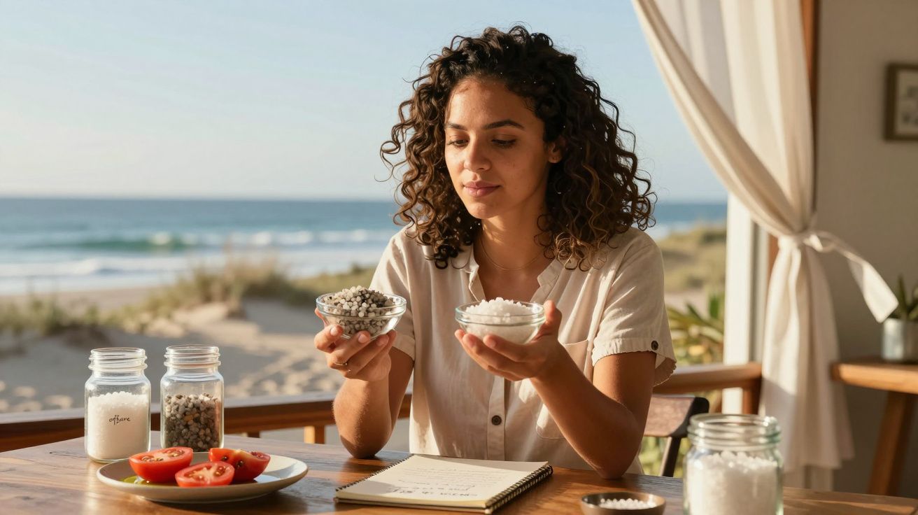 Mulher a escolher sais num ambiente luminoso com vista para a praia, com ovos de tomate na mesa à frente.