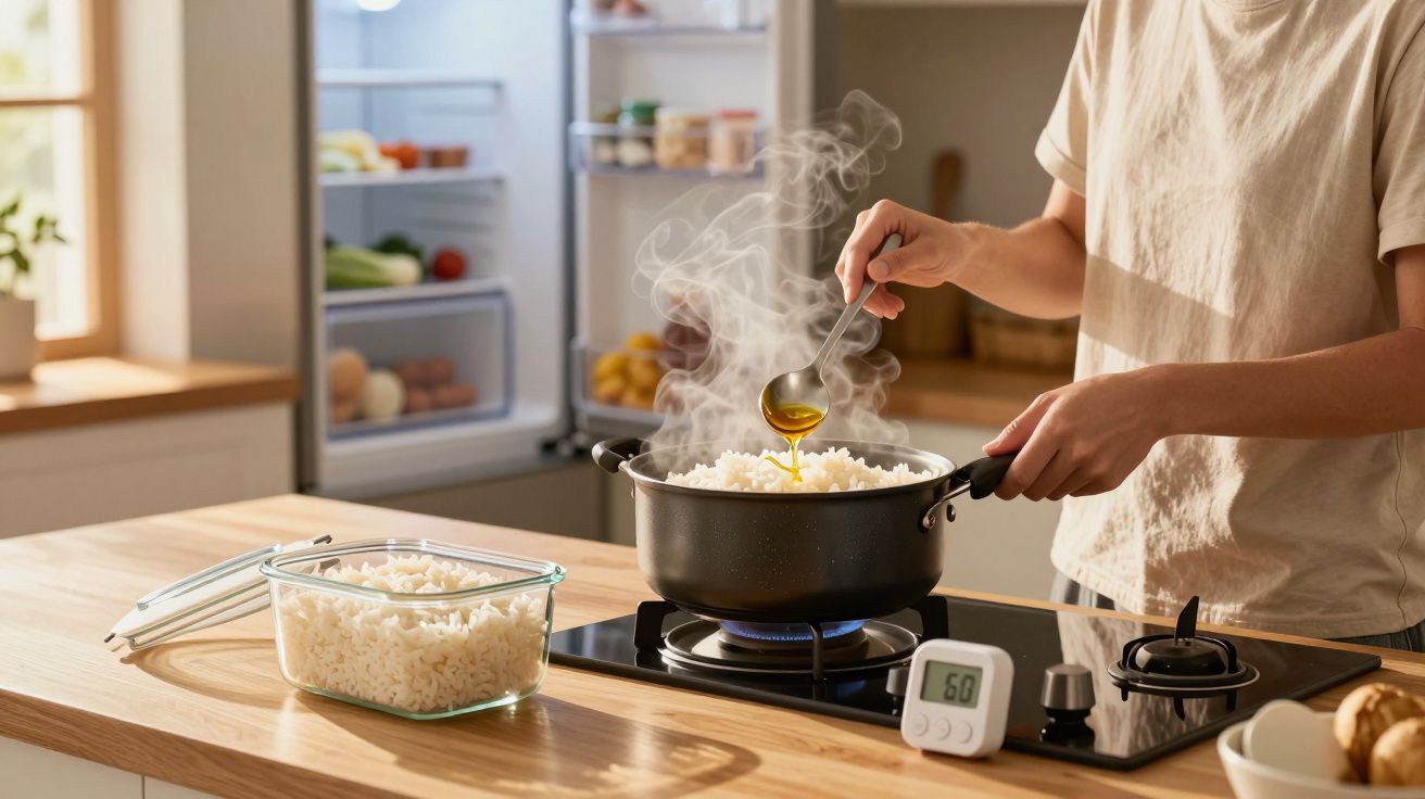 Pessoa a temperar arroz numa panela fumegante na cozinha moderna com frigorífico aberto ao fundo.