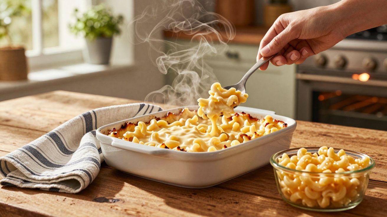 Mão a servir macarrão com queijo fumegante de um tabuleiro branco numa mesa de madeira.