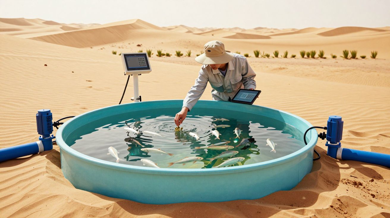 Pessoa a monitorizar tanque de peixes num deserto com equipamento tecnológico e tubos azuis ligados ao tanque.