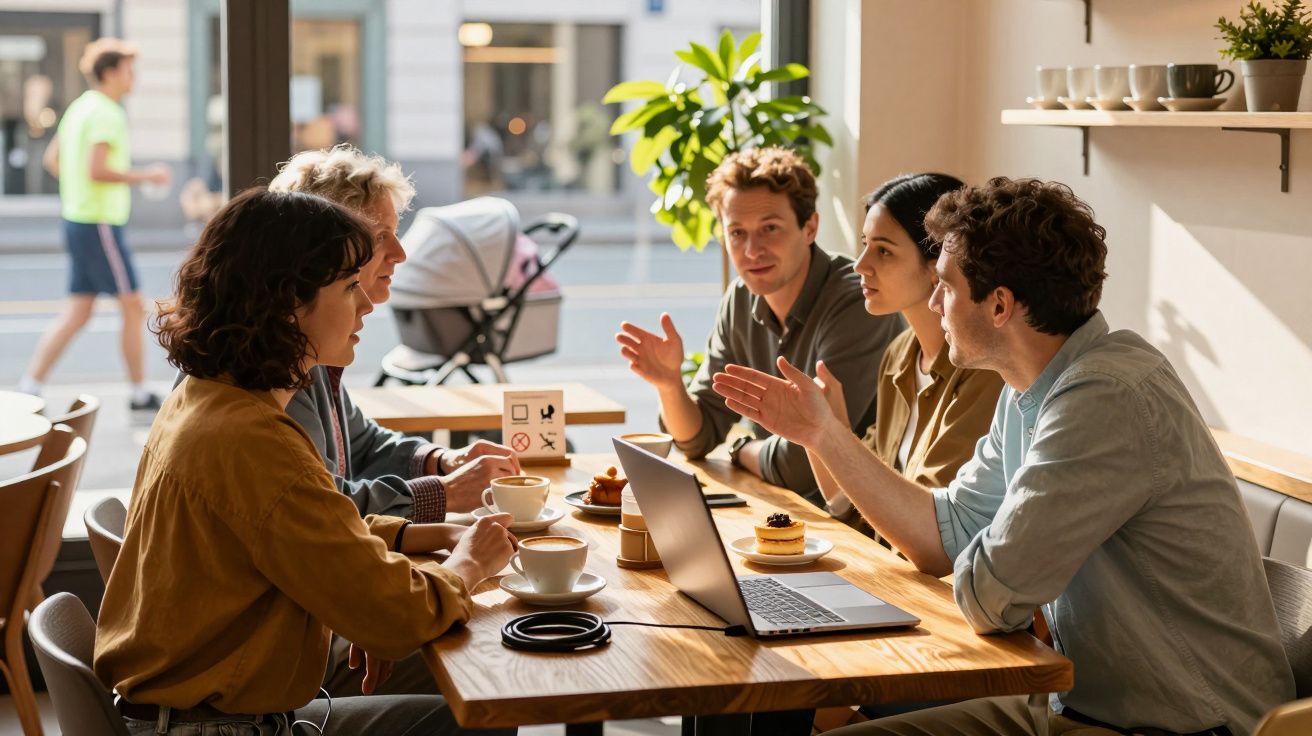 Cinco pessoas reunidas numa mesa de café a discutir, com computador portátil e chávenas de chá.