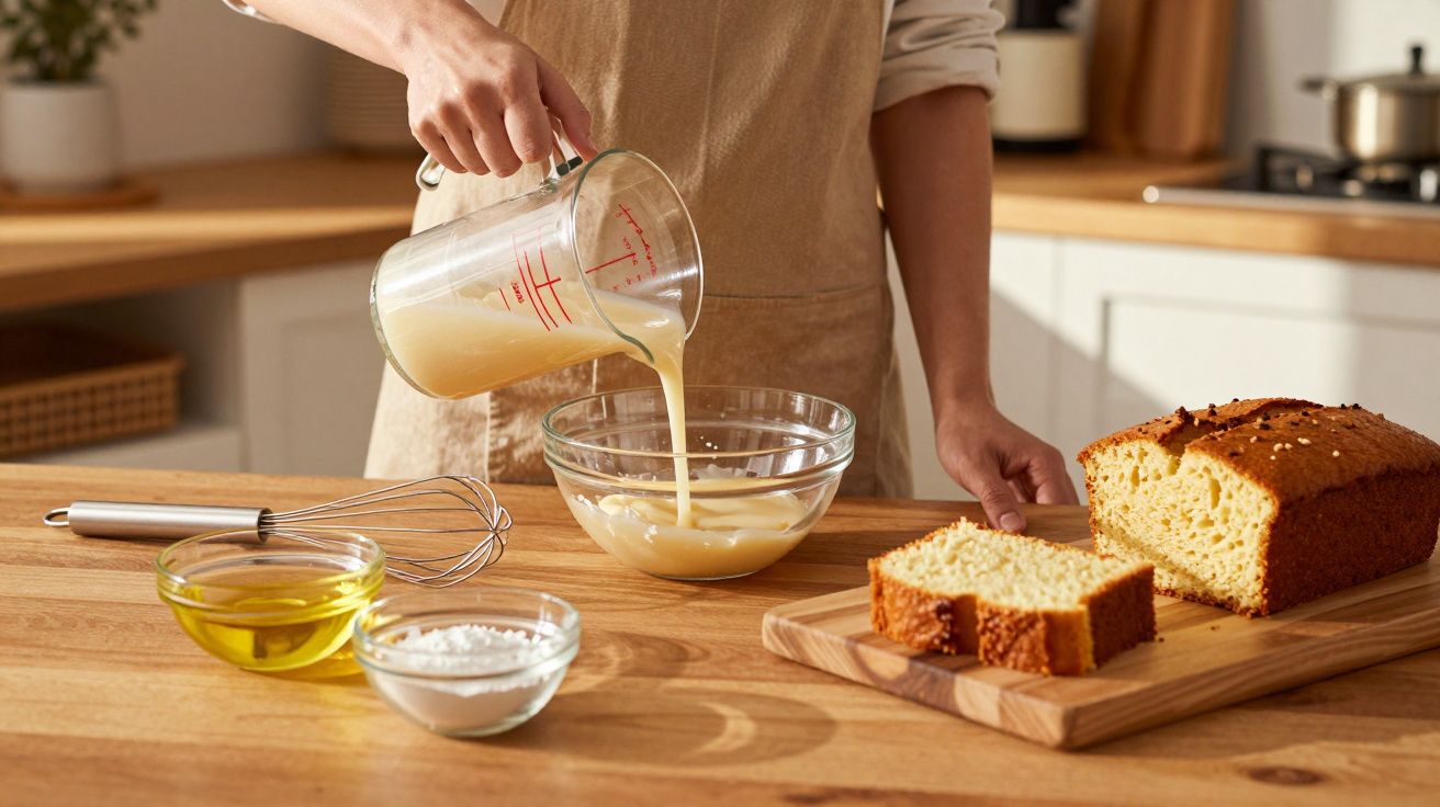 Pessoa a verter uma mistura líquida numa taça para preparar pão caseiro numa cozinha iluminada.