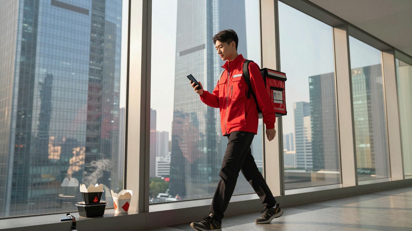 Entregador com mochila térmica vermelha caminha num edifício alto enquanto consulta o telemóvel.