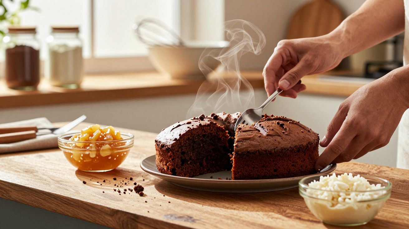 Bolo de chocolate quente recién-saído do forno sendo partido com garfo numa cozinha iluminada.
