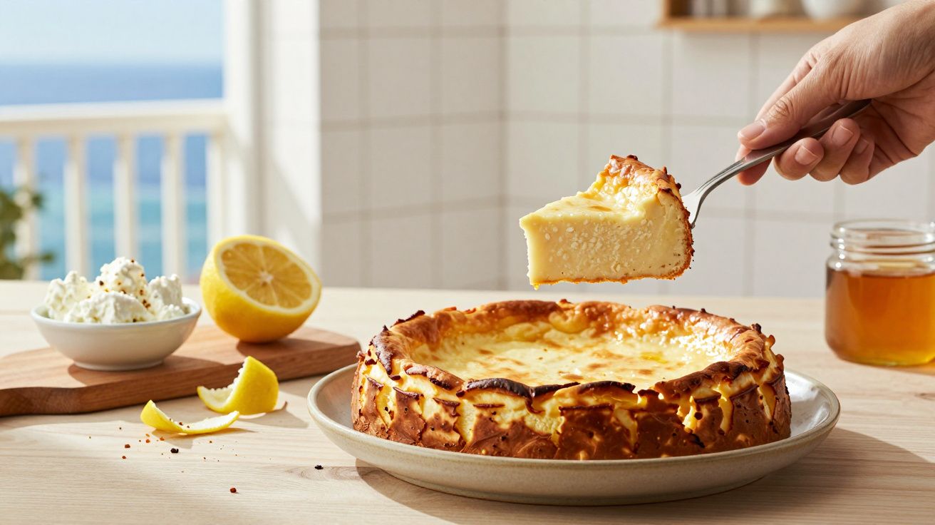 Fatia de cheesecake cremosa a ser servida com limão e mel em fundo luminoso junto ao mar.