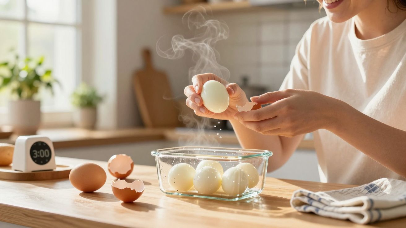Pessoa a descascar ovos cozidos dentro de um tabuleiro de vidro numa cozinha iluminada.