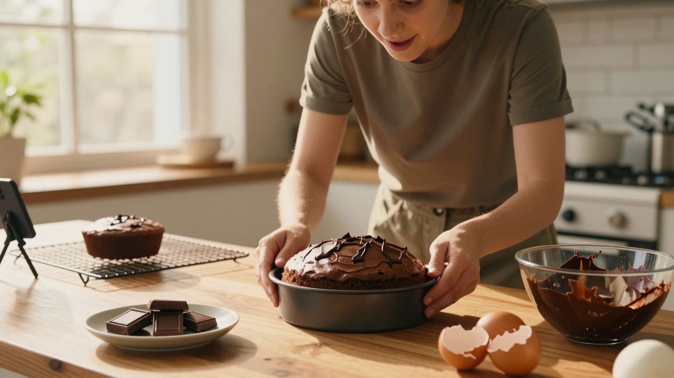 Mulher a decorar bolo de chocolate numa cozinha com ingredientes na mesa de madeira.