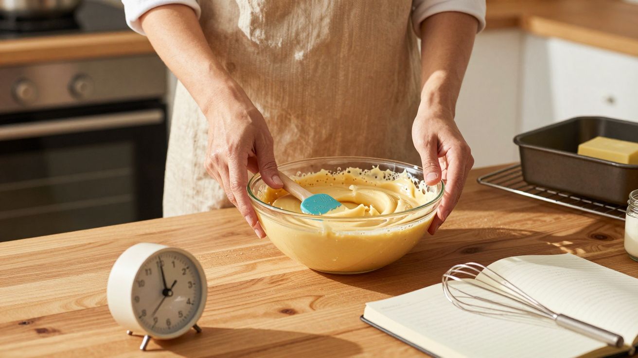 Pessoa a mexer massa de bolo numa taça transparente numa cozinha com utensílios e relógio à mesa.