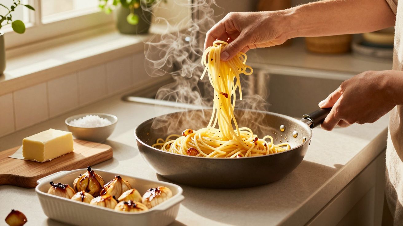 Pessoa a cozinhar esparguete numa frigideira numa cozinha luminosa, com cebolas assadas e manteiga na bancada.
