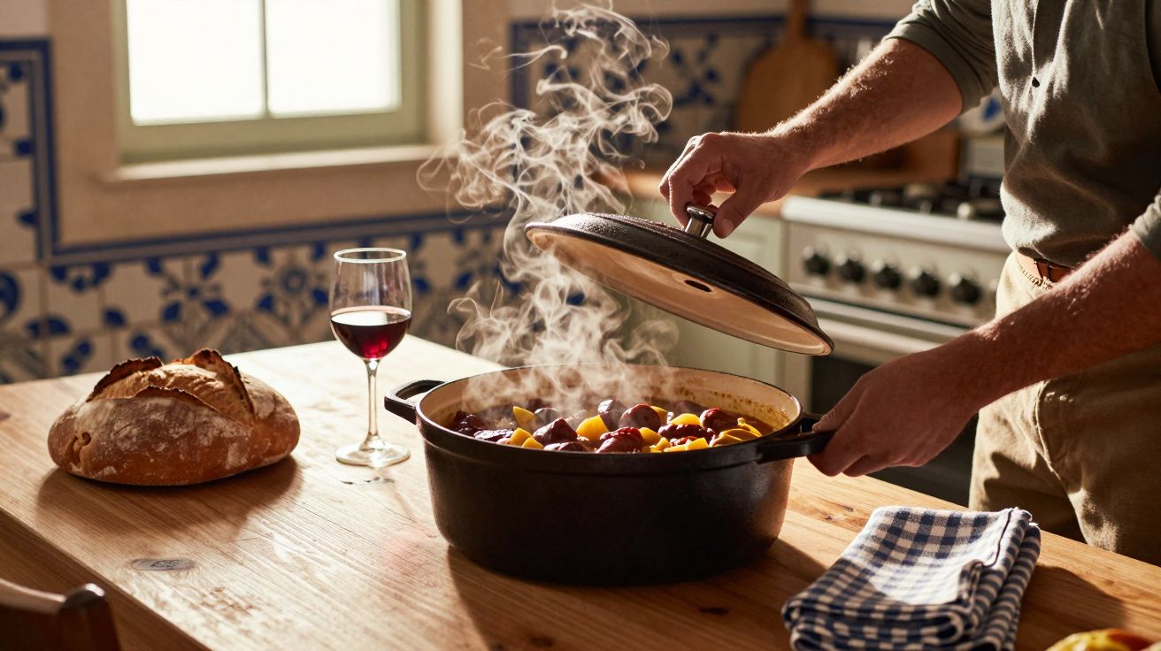 Mãos a levantar tampa de panela fumegante com comida, pão e copo de vinho numa mesa de madeira.