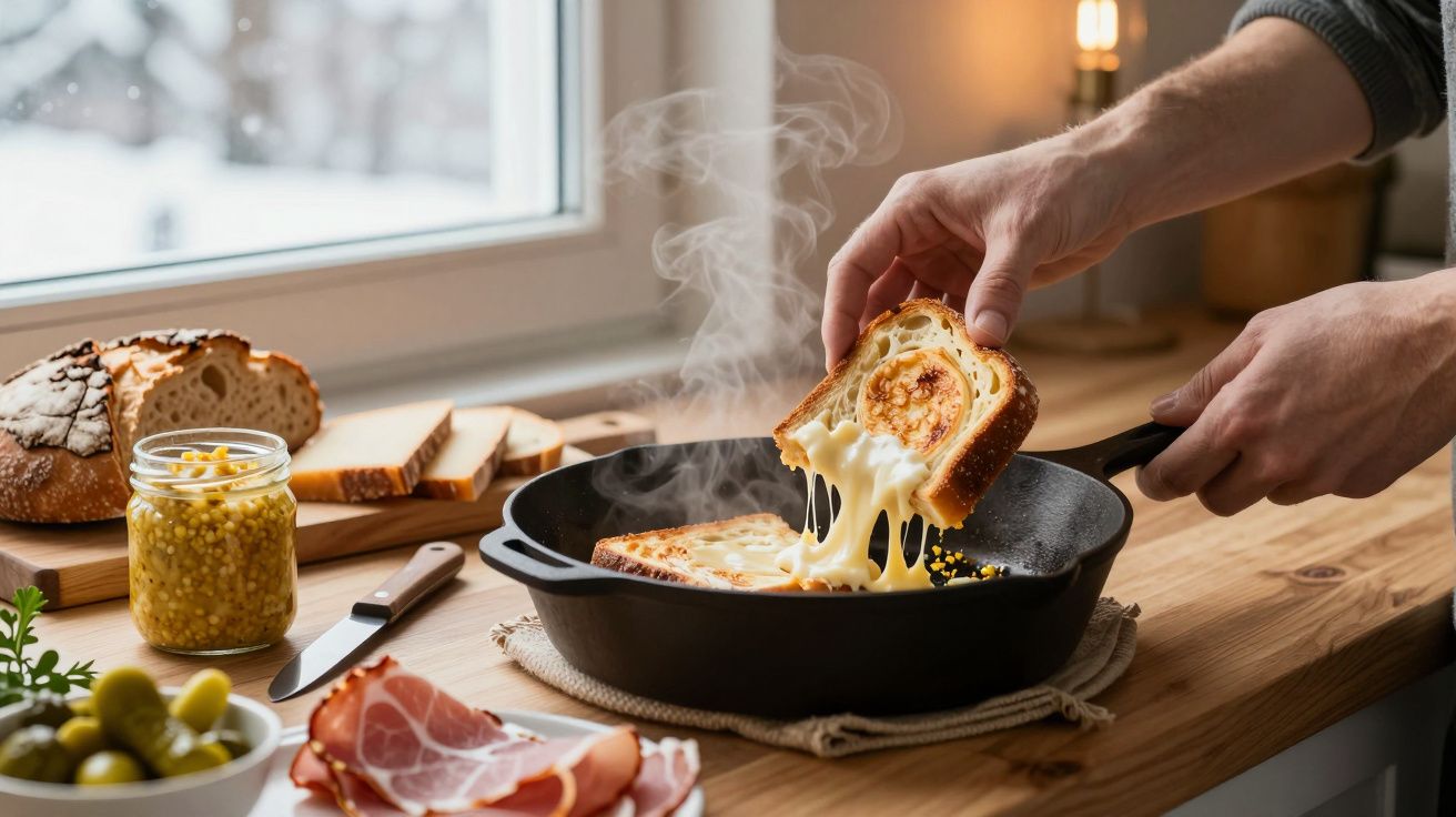 Mãos a levantar torrada com queijo derretido de frigideira, pão, fiambre e especiarias numa bancada de cozinha.