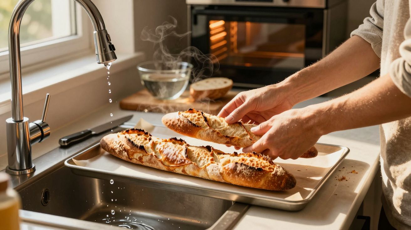 Pessoa a partir baguetes acabadas de sair do forno numa placa metálica na cozinha iluminada pela janela.