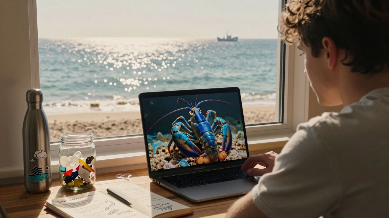 Pessoa a trabalhar num portátil com imagem de lagosta azul, junto a uma janela com vista para a praia e o mar.