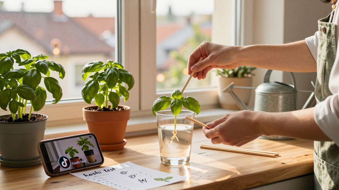 Pessoa a propagar planta com raízes em copo de água junto a janela com outras plantas e telemóvel a mostrar vídeo.
