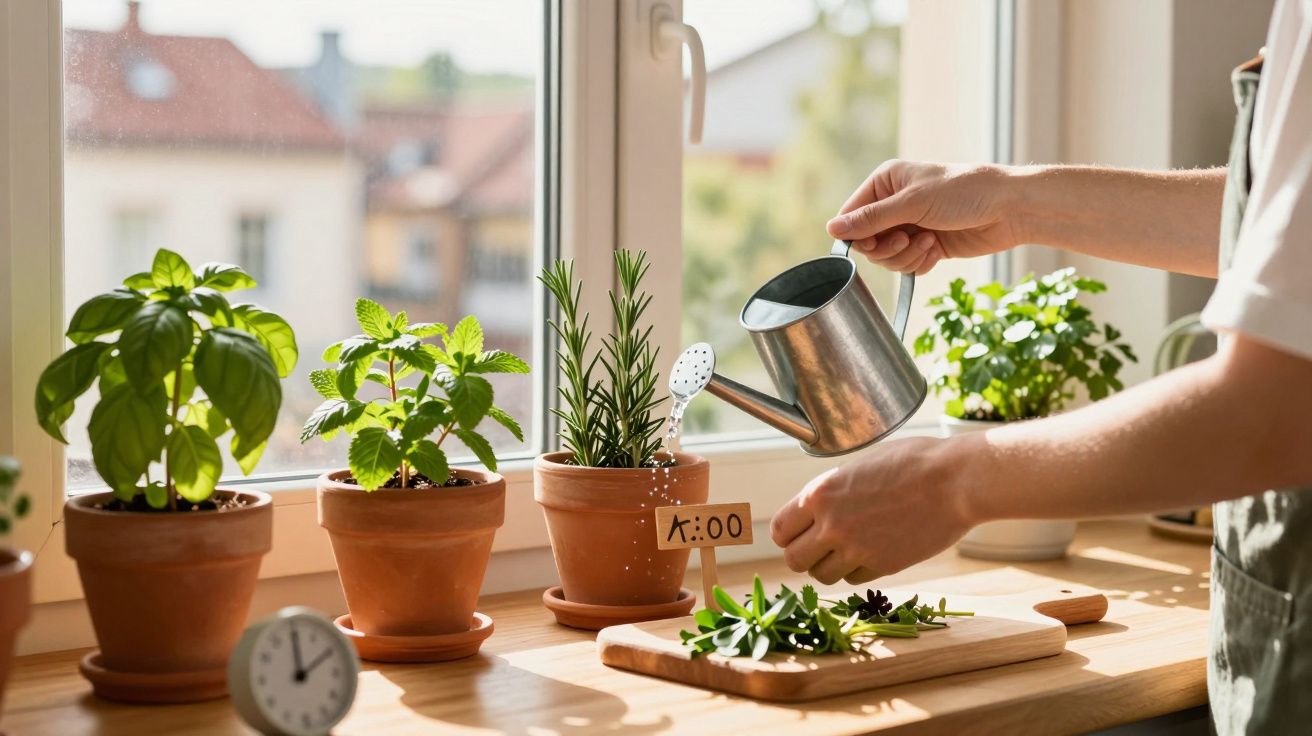 Pessoa a regar plantas aromáticas em vasos junto a uma janela iluminada pela luz do dia.