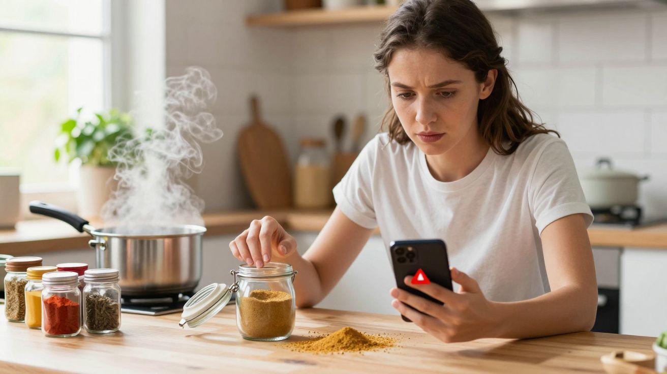 Mulher na cozinha com expressão preocupada, segurando um frasco de especiarias e olhando para o telemóvel.