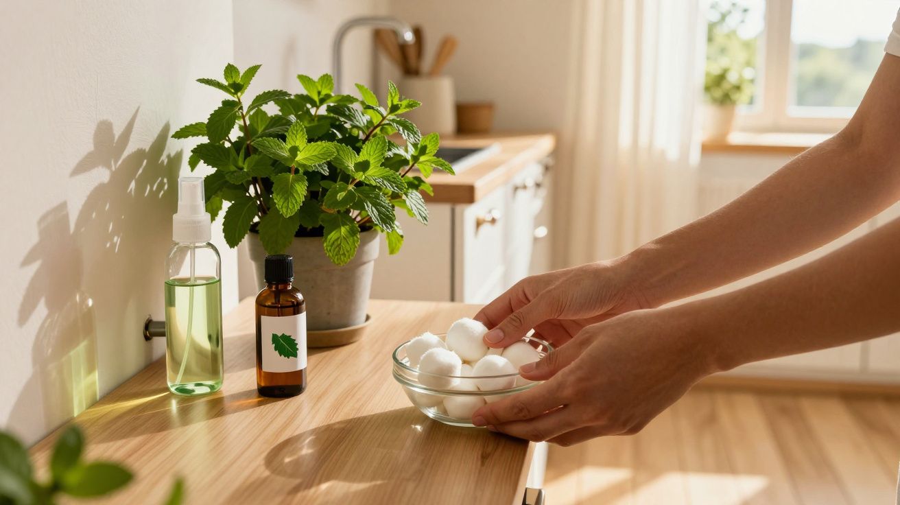Mãos a apanhar bolas de algodão numa taça sobre balcão com planta, óleo e spray num ambiente iluminado e acolhedor.