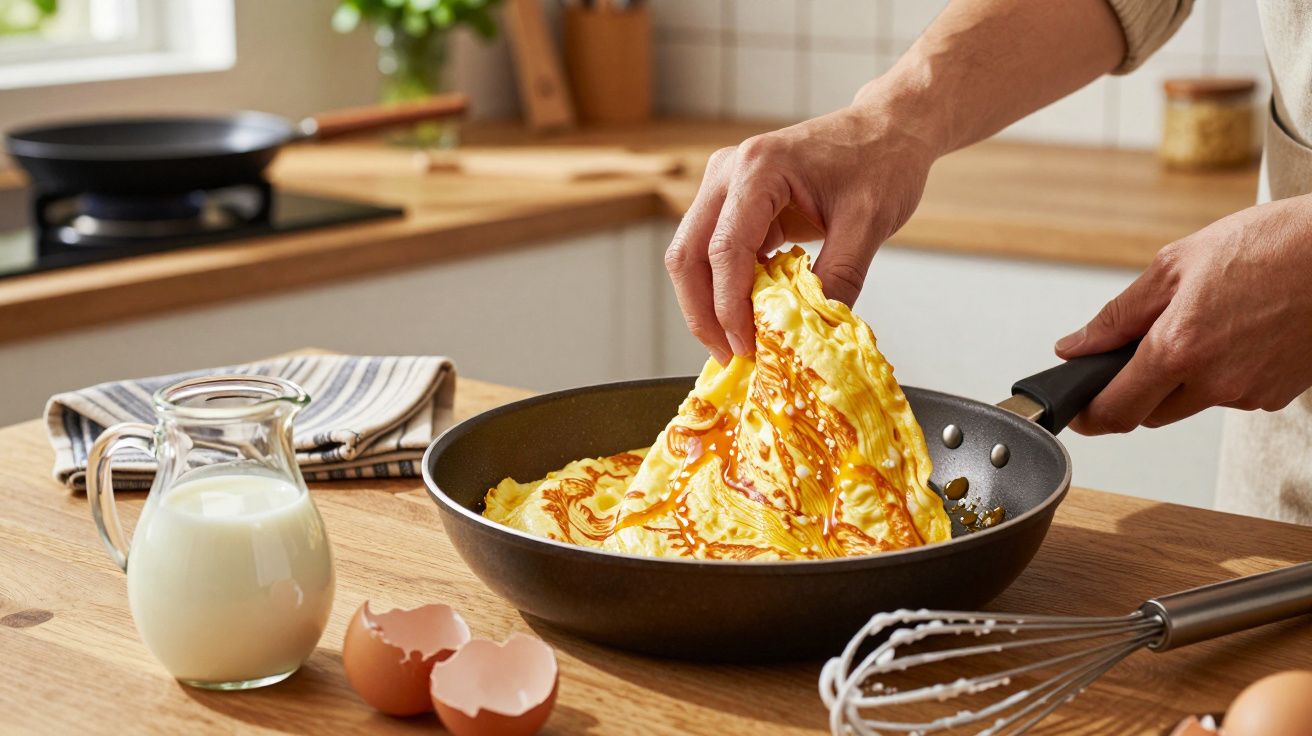 Pessoa a virar uma panqueca numa frigideira numa cozinha com ingredientes e utensílios na bancada.