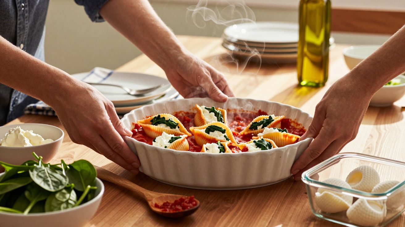 Duas pessoas seguram uma travessa com conchas de massa recheadas com espinafres e ricota sobre molho de tomate fumegante.