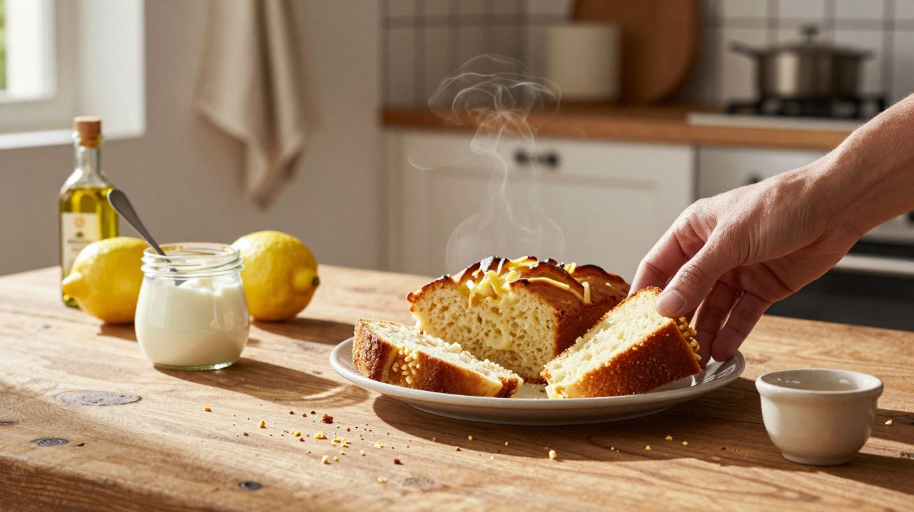Pão quente fumegante cortado em fatias numa tábua de madeira com limões e iogurte ao lado.