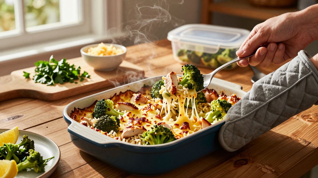 Mão com pega de forno retira colherada de gratinado quente com brócolos, frango e queijo derretido.
