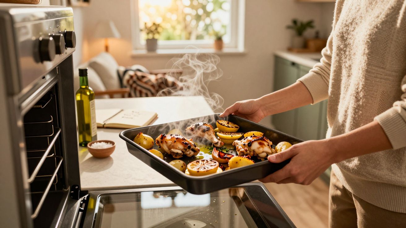 Pessoa a retirar tabuleiro com frango e legumes assados a fumegar do forno numa cozinha moderna.